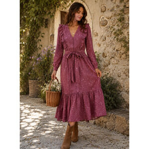 Outerknown Women Mauve Stardust Ruffle Midi Dress Belted Long Sleeve Size M Boho